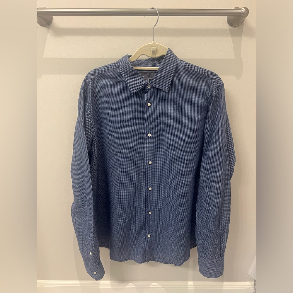 Vince Cotton/Linen Long Sleeve Button Down in Navy/White Plaid, Size XL